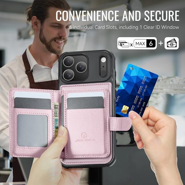 JEEHOOD J09 Mobilskal till iPhone 17 Pro RFID Låsfunktion Läder Rosa