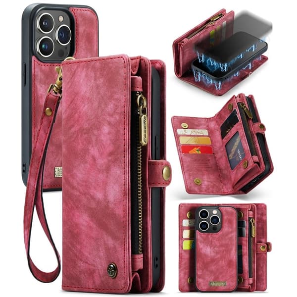 CASEME 008 iPhone 15 Pro Max Plånboksfodral Konstläder med Röd
