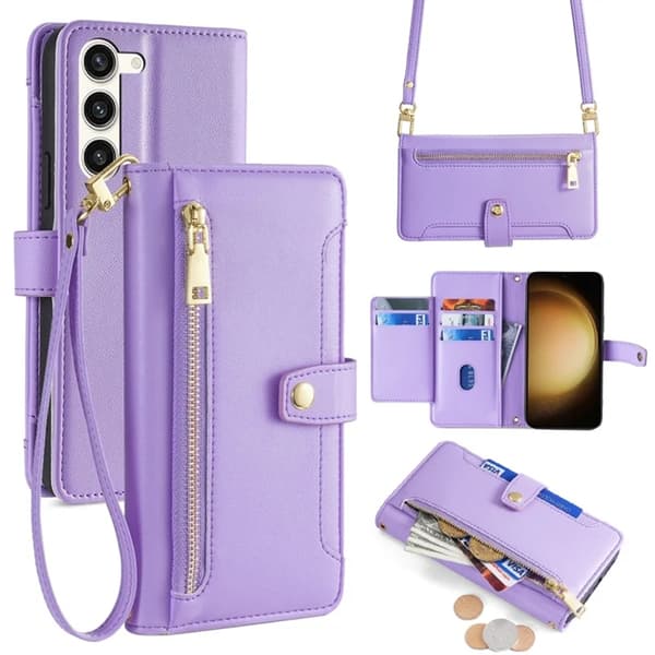 Galaxy S23 Plus Konstläder Plånboksfodral Crossbody - Lila Lila