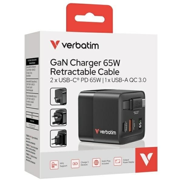 Verbatim Hurtigoplader 65W GaN USB-C USB-A EU/UK/USA - Sort Svart
