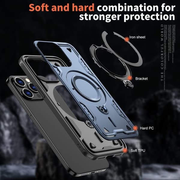 iPhone 15 Pro Max Skal Plast Militärt Skydd Med Ställ - Blå