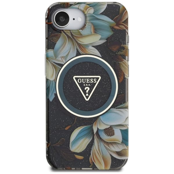 Guess Mobilskal till iPhone 16e Magsafe Glitter Flower - Svart