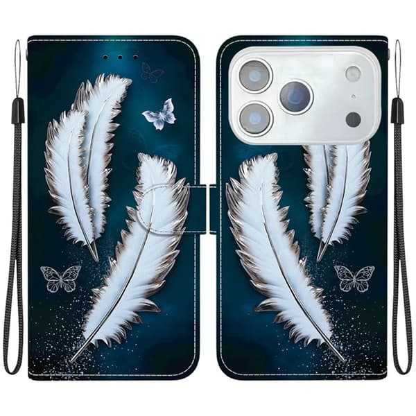 iPhone 17 Pro Max Plånboksfodral Med Lanyard - Butterfly Feather Vit