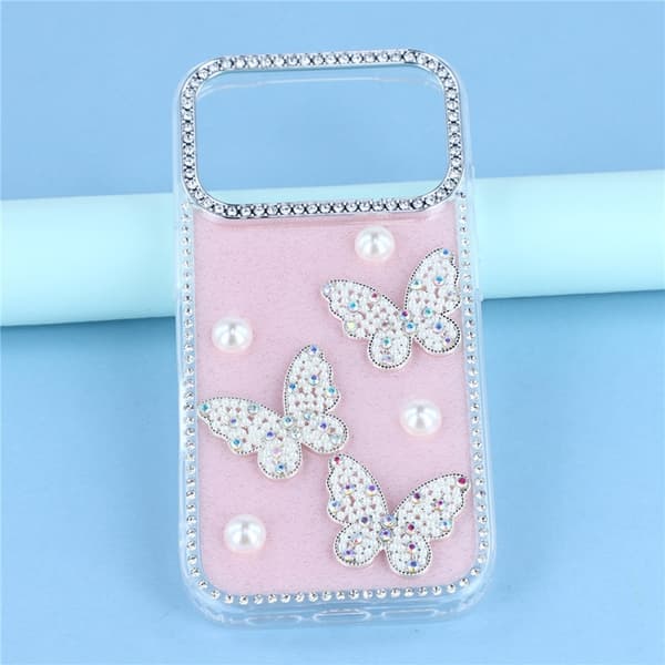 Mobilskal till iPhone 17 Pro Rhinestone Edge Pearl Butterfly Rosa