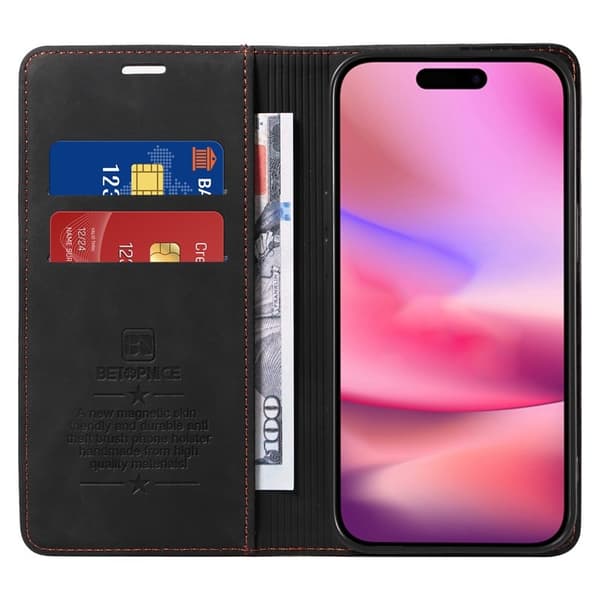 BETOPNICE 003 iPhone 16 Plånboksfodral i Konstläder - Svart