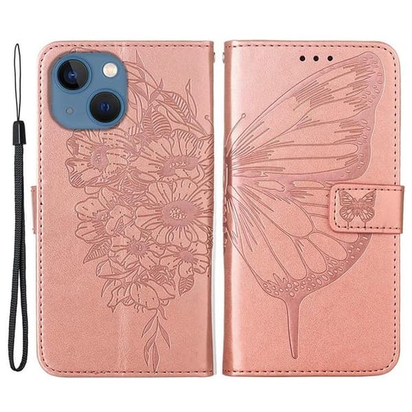 iPhone 14 Plus Pung Etui Sommerfugl Blomst Præget - Rose Guld