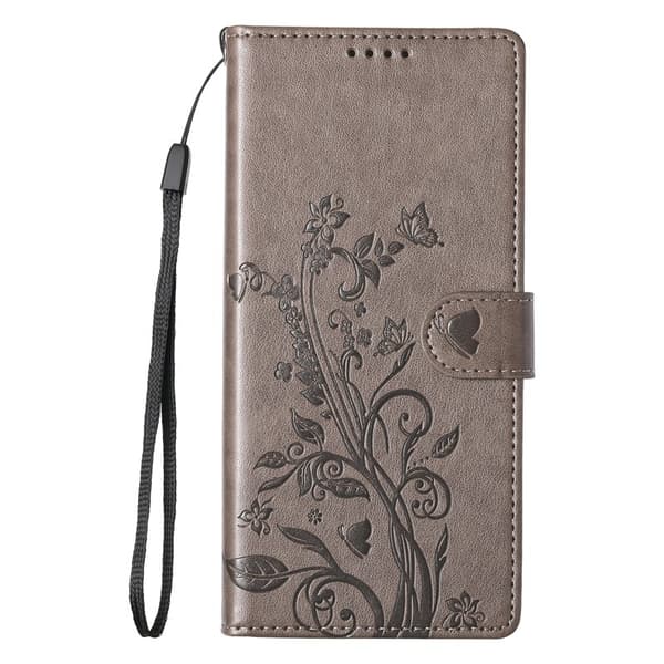 Samsung Galaxy S26 Plus Plånboksfodral Fjäril Blommönster Konstläder - Grå