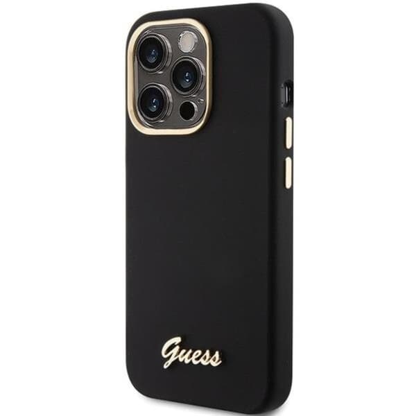 Guess Mobilskal till iPhone 15 Pro Max Silikon Script Metal Logo Svart