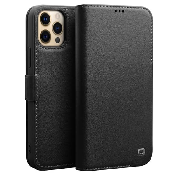 QIALINO iPhone 12 Pro Max Plånboksfodral Äkta Läder Magnetlås Svart