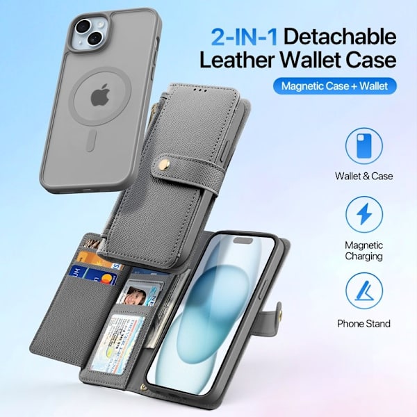 DUX DUCIS Lawa iPhone 15 Plus Plånboksfodral Äkta läder - Grå