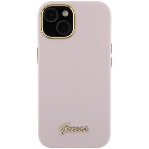 Guess iPhone 15 -puhelinkuori Silikoni Script Metal Logo - Pinkki