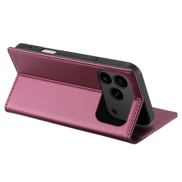 N.BEKUS iPhone 17 Pro Konstläder Plånboksfodral RFID-Skydd P3 - Vinröd Vinröd