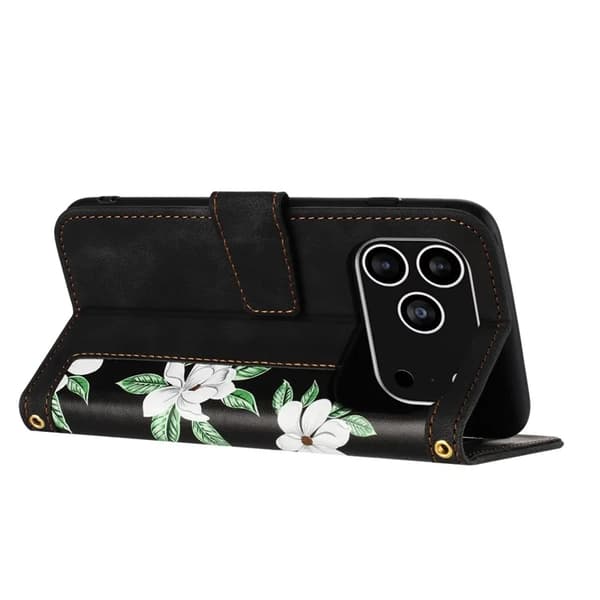 iPhone 17 Pro Plånboksfodral Floral Konstläder - Svart Svart
