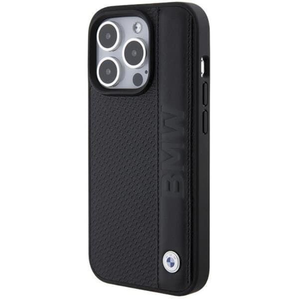 BMW telefontaske til iPhone 15 Pro læder tekstureret & stribe - sort Black