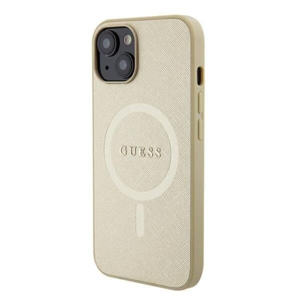 Guess Mobilskal till iPhone 15 Plus Magsafe Saffiano - Guld Guld