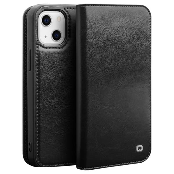 QIALINO iPhone 14 Plus Plånboksfodral Äkta Läder Drop Proof Svart