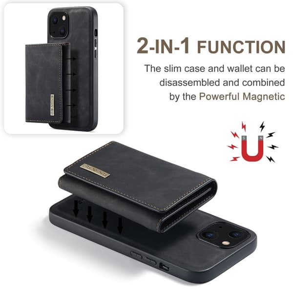 DG.MING iPhone 14 Konstläder Plånboksfodral 2-i-1 Magnetiskt Svart
