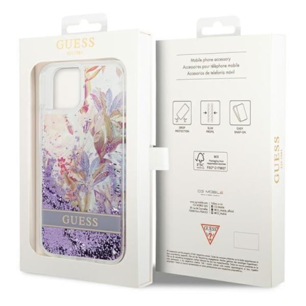 GUESS iPhone 14 Plus Case Flower Liquid Glitter - Purppura
