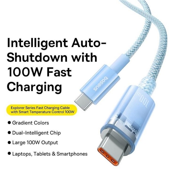 Baseus USB-C till USB-C kabel 2m 100W - Blå Blå