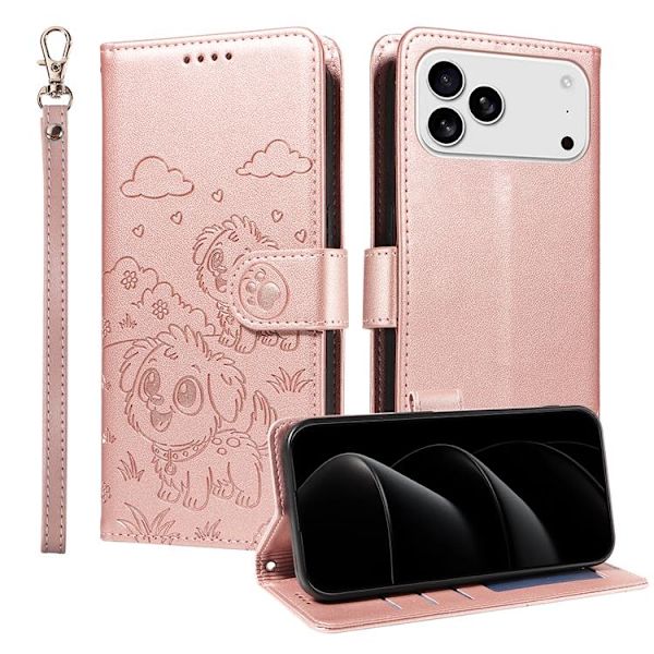 iPhone 17 Pro Max Konstläder Plånboksfodral RFID-Skydd med handledsrem - Rosa Rosa