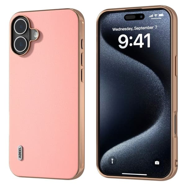 ABEEL Mobilskal till iPhone 16 Plus Electroplating Äkta Läder + TPU - Rosa