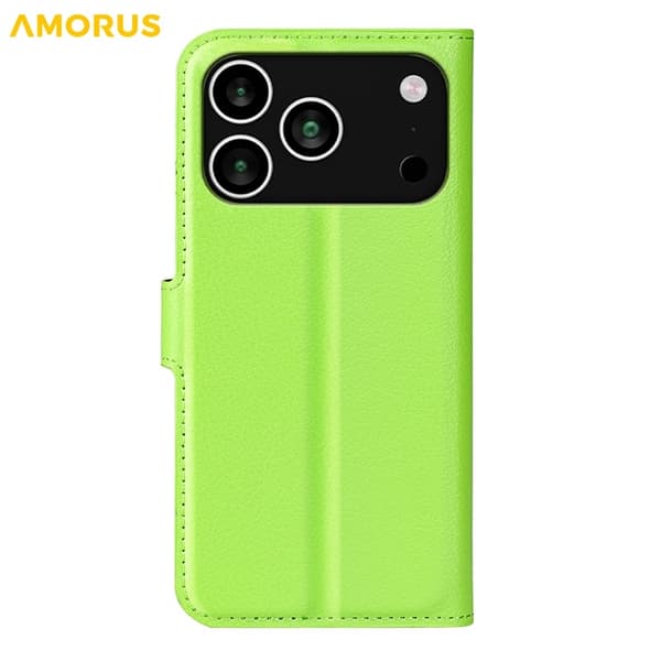 AMORUS iPhone 17 Pro Konstläder Plånboksfodral Flipstativ Litchi - Grön Grön
