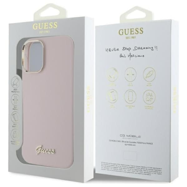 Guess Mobilskal till iPhone 16 Silikon Script Metal Logo - Rosa Rosa