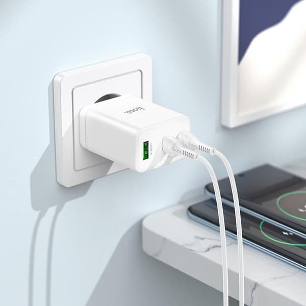 Hoco Vægoplader 35W 2xType C+USB A N33 - Hvid Vit