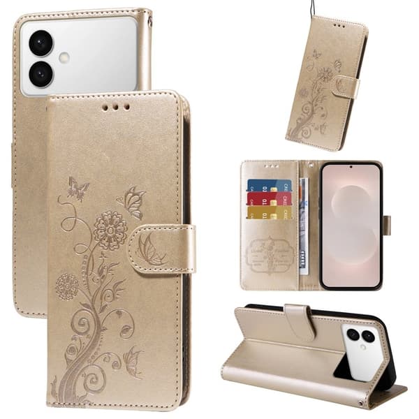 Samsung Galaxy S26 Edge Plånboksfodral Konstläder Blomtryck Ställ - Guld