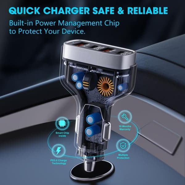 VEGER Biloplader 66W 2xUSB-A 2xUSB-C 3A CC53-2A2C - Sort Svart