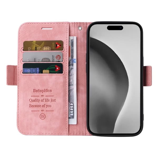 BETOPNICE 001 iPhone 16 Pro Max Plånboksfodral Konstläder - Rosa
