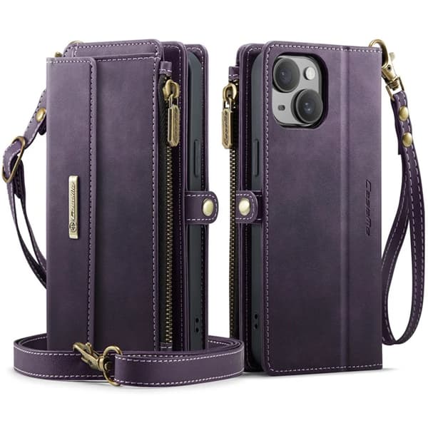 Caseme iPhone 15 Plus Konstläder Plånboksfodral RFID-Skydd Zipper - Lila Lila