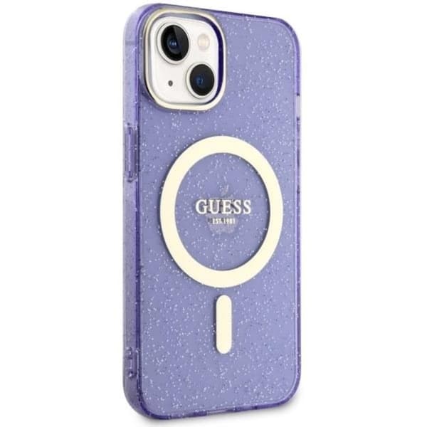 Guess Mobilskal till iPhone 14 MagSafe Glitter Guld - Lila Lila