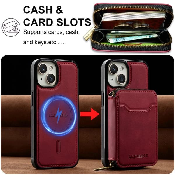 LC.IMEEKE L6 iPhone 14/13 Konstläder Plånboksfodral Magnetiskt - Röd