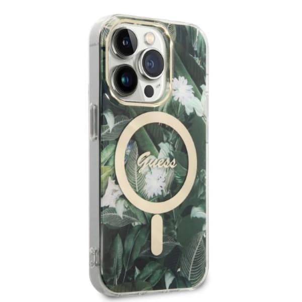 GUESS iPhone 14 Pro Magsafe Skal Jungle + Trådløs Oplader - Grøn Grön