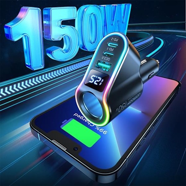 [4in1] Joyroom Billaddare Fast USB-C/USB-A 150 W - Svart Svart