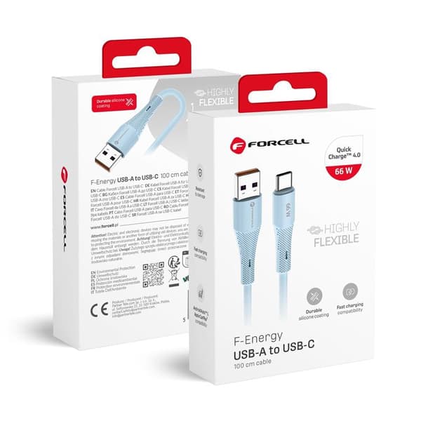 FORCELL USB-A till USB-C 66W Kabel 3A 1m QC4.0 Silikon C342 - Blå