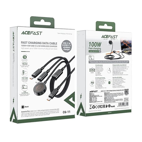 Acefast 3in1 USB-C - 2x USB-C 100W Qi-kabel 1,2 m 480 MB/s Sort Svart