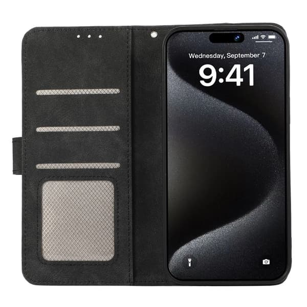 ABEEL iPhone 16 Plånboksfodral i Splicing Konstläder RFID-Skydd - Svart