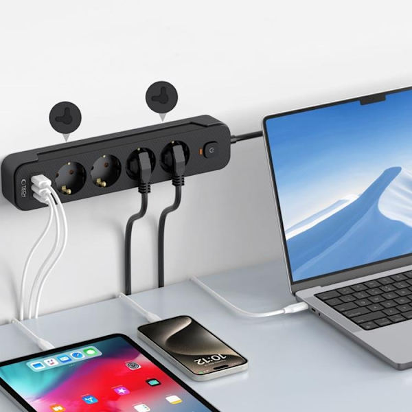 Tech-Protect Strømstik 2x USB/USB-C/4 Stik 200Ccm - Sort Svart