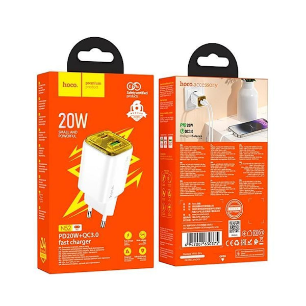 Hoco Snabbladdare PD 20W USB-A USB-C QC3.0 3A N52 - Vit