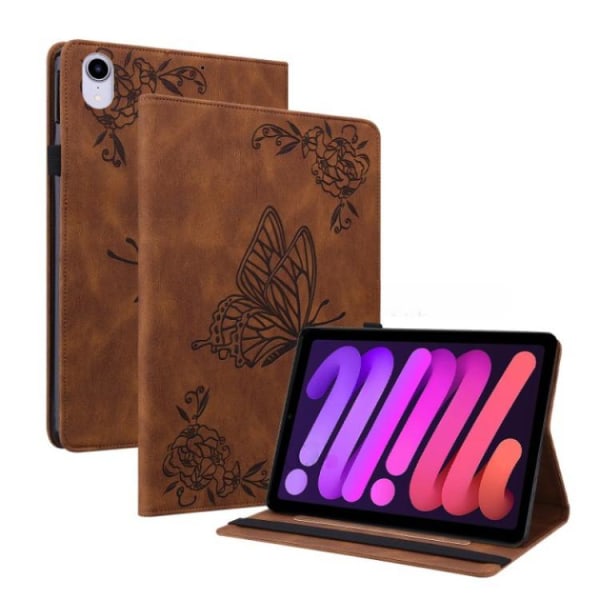 iPad mini 6 (2021) Fodral Imprinted Butterfly Flower - Brun