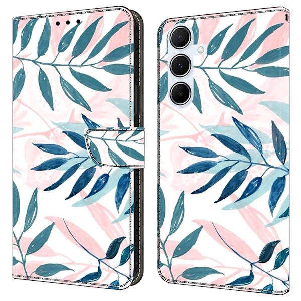 Galaxy A17 5G Konstläder Plånboksfodral Pattern Printing - Watercolor Leaves Vit