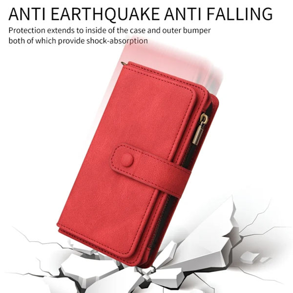 iPhone 17 Pro Konstläder Plånboksfodral Zipper Rem Röd