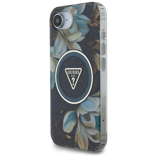 Guess Telefontaske til iPhone 16e Magsafe Glitter Flower - Sort
