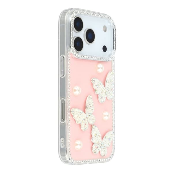 Mobilskal till iPhone 17 Pro Rhinestone Edge Pearl Butterfly Rosa