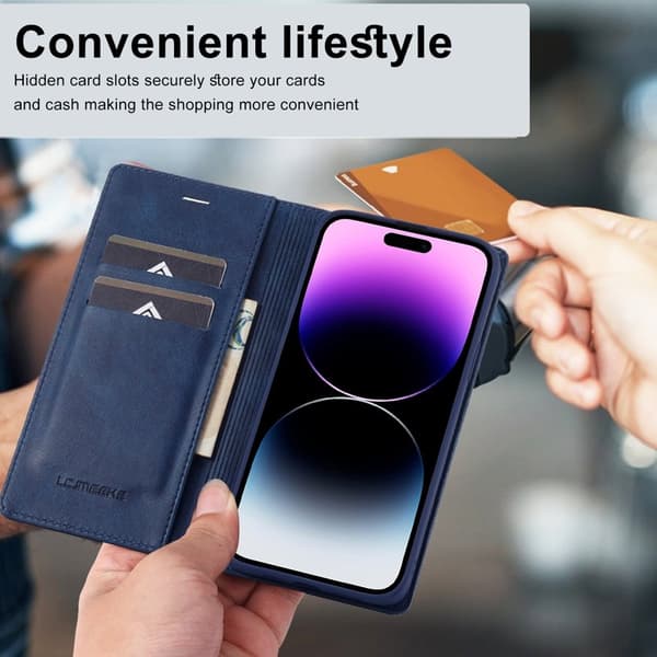 LC.IMEEKE iPhone 15 Pro Plånboksfodral i Konstläder - Blå