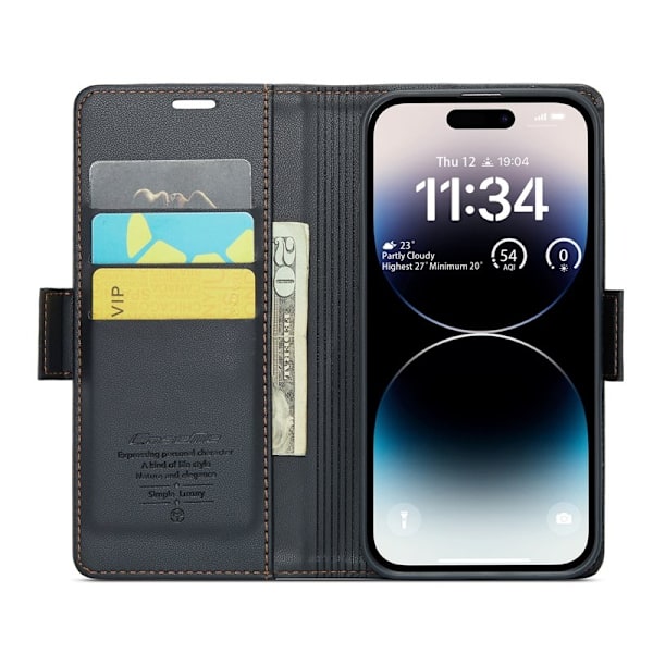CASEME iPhone 14 Pro Max Plånboksfodral Konstläder RFID-Skydd Svart