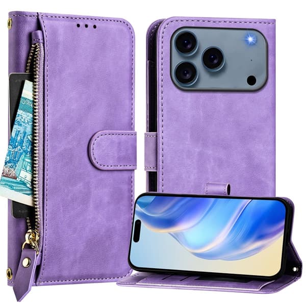 iPhone 17 Pro Plånboksfodral Zipper Pocket Läder - Lila Lila