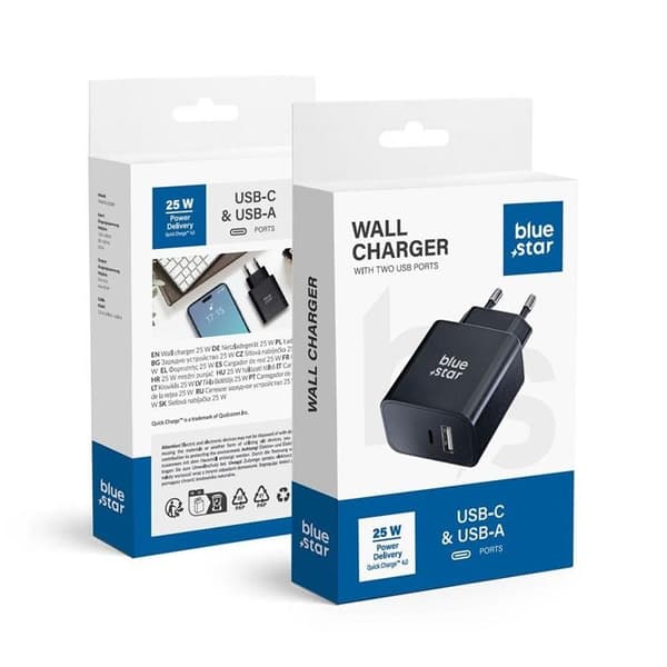 Blue Star Hurtigoplader 25W USB C - USB A PD QC4.0 - Sort Svart